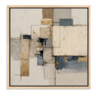 Abstract mixed media wall art with geometric shapes, neutral tones, layered texture, and metallic gold accents — modern contemporary décor.