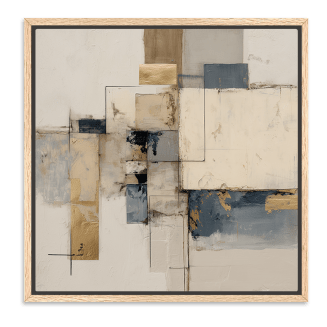 Abstract mixed media wall art with geometric shapes, neutral tones, layered texture, and metallic gold accents — modern contemporary décor.