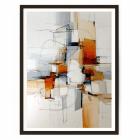 Architectural abstract wall art with layered transparent shapes and bold orange, grey, black, and white lines — modern contemporary décor.