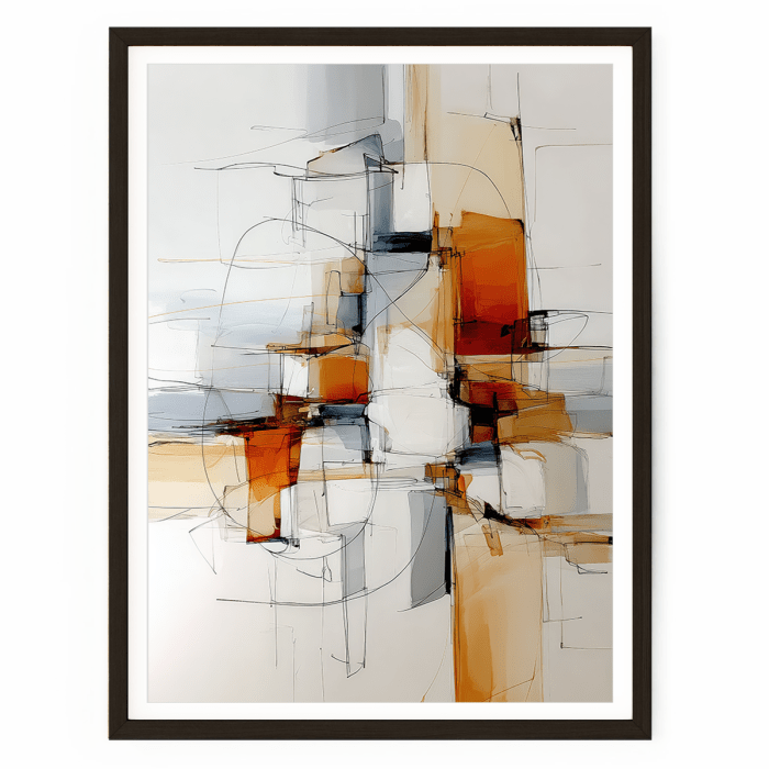 Architectural abstract wall art with layered transparent shapes and bold orange, grey, black, and white lines — modern contemporary décor.