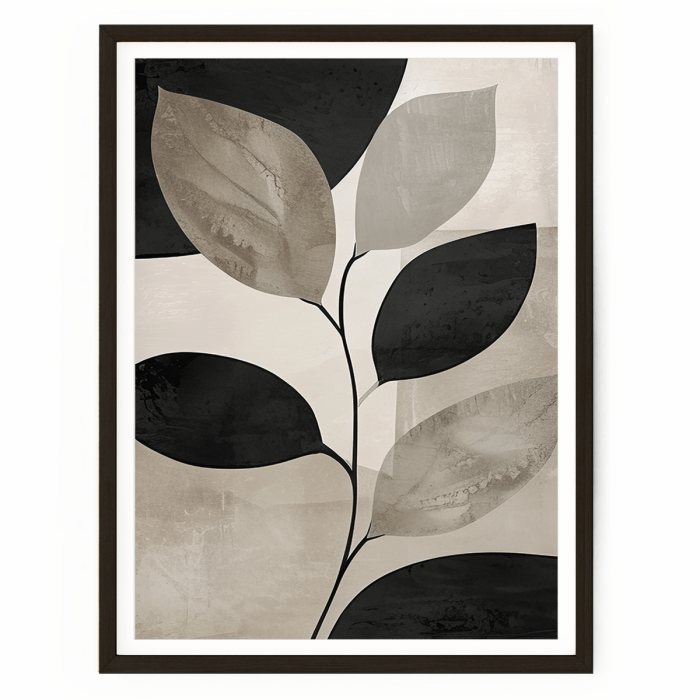 moody-botanical-no1-MAIN Minimalist black leaf branch art print on a textured beige background — modern botanical wall decor for Japandi or contemporary interiors.