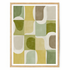 Green abstract canvas wall art with organic shapes and sage tones in a light wood frame — modern mid-century wall décor