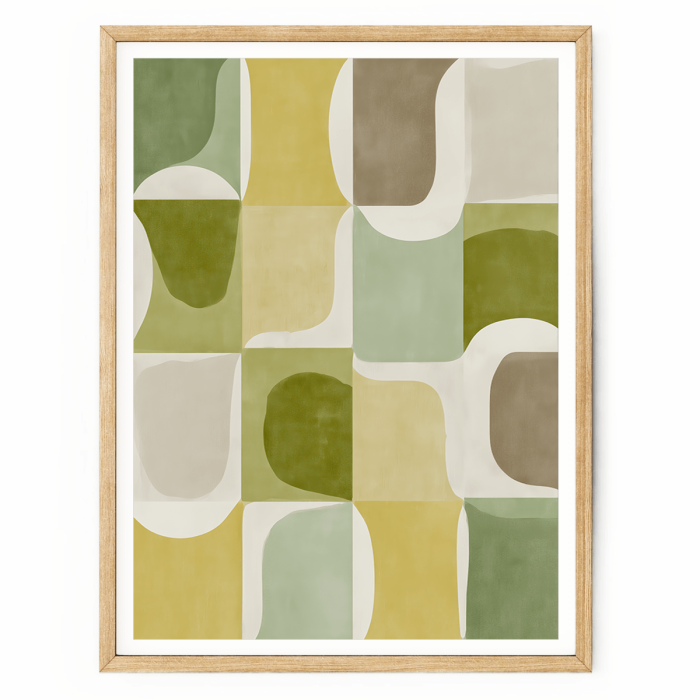 Green abstract canvas wall art with organic shapes and sage tones in a light wood frame — modern mid-century wall décor